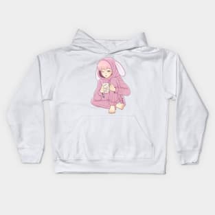 Pink haired boy in a pink bunny pajamas Kids Hoodie